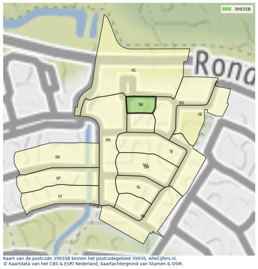 Afbeelding van het postcodegebied 3993 SB op de kaart.