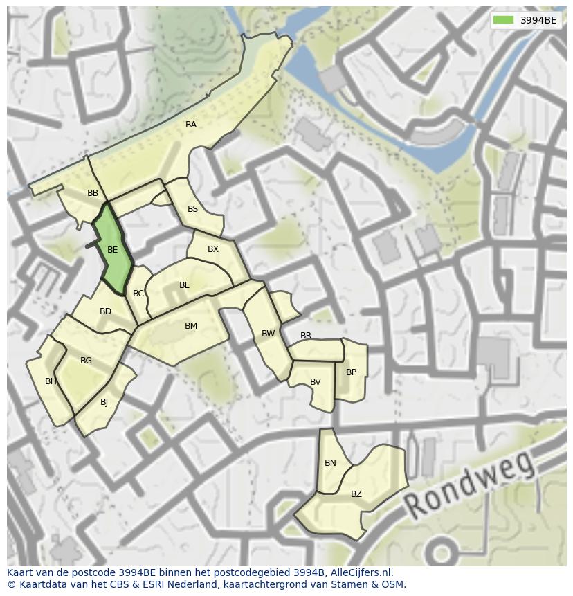 Afbeelding van het postcodegebied 3994 BE op de kaart.