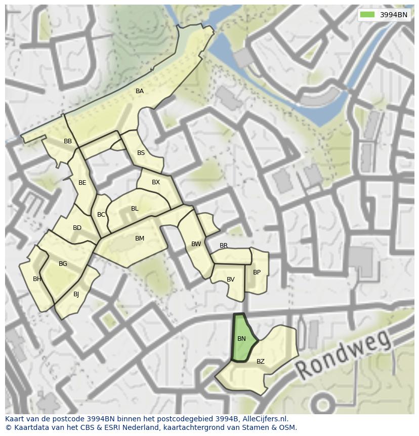 Afbeelding van het postcodegebied 3994 BN op de kaart.
