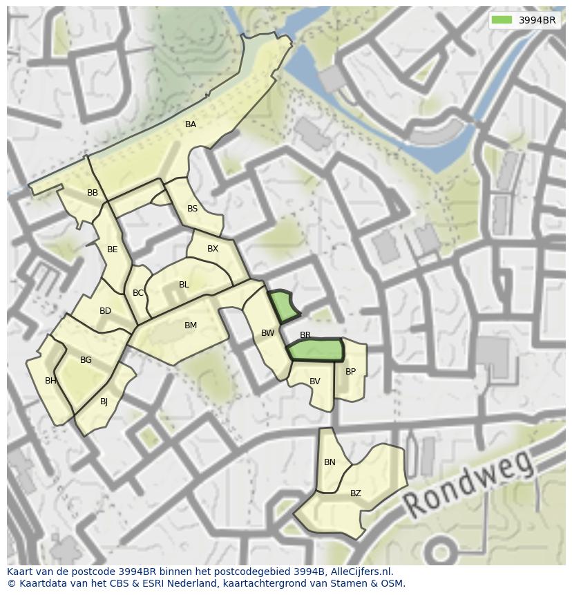 Afbeelding van het postcodegebied 3994 BR op de kaart.