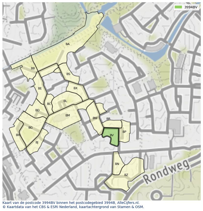 Afbeelding van het postcodegebied 3994 BV op de kaart.