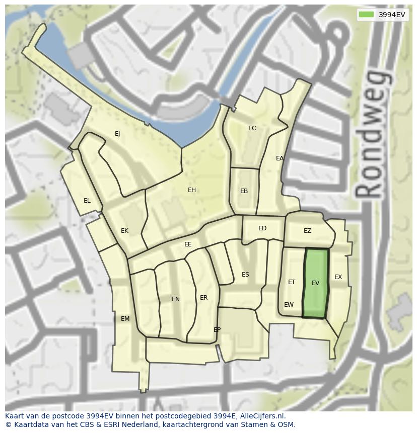 Afbeelding van het postcodegebied 3994 EV op de kaart.