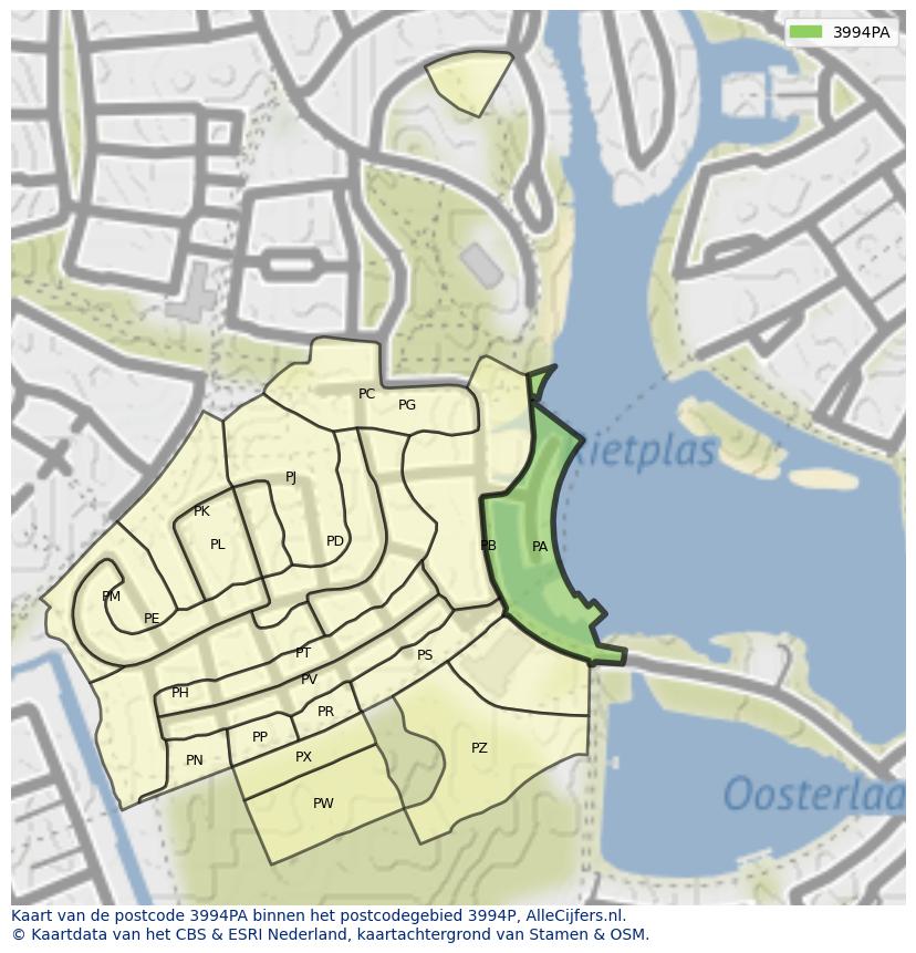 Afbeelding van het postcodegebied 3994 PA op de kaart.
