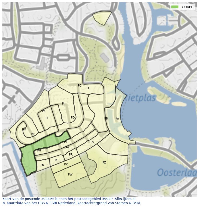 Afbeelding van het postcodegebied 3994 PH op de kaart.