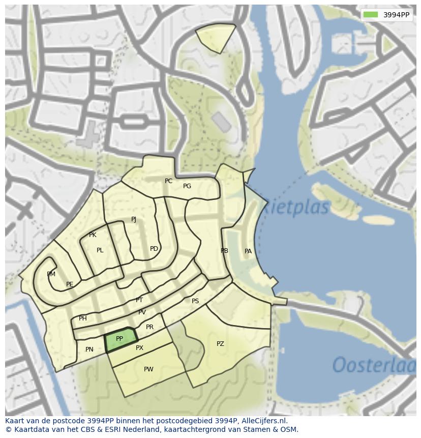 Afbeelding van het postcodegebied 3994 PP op de kaart.