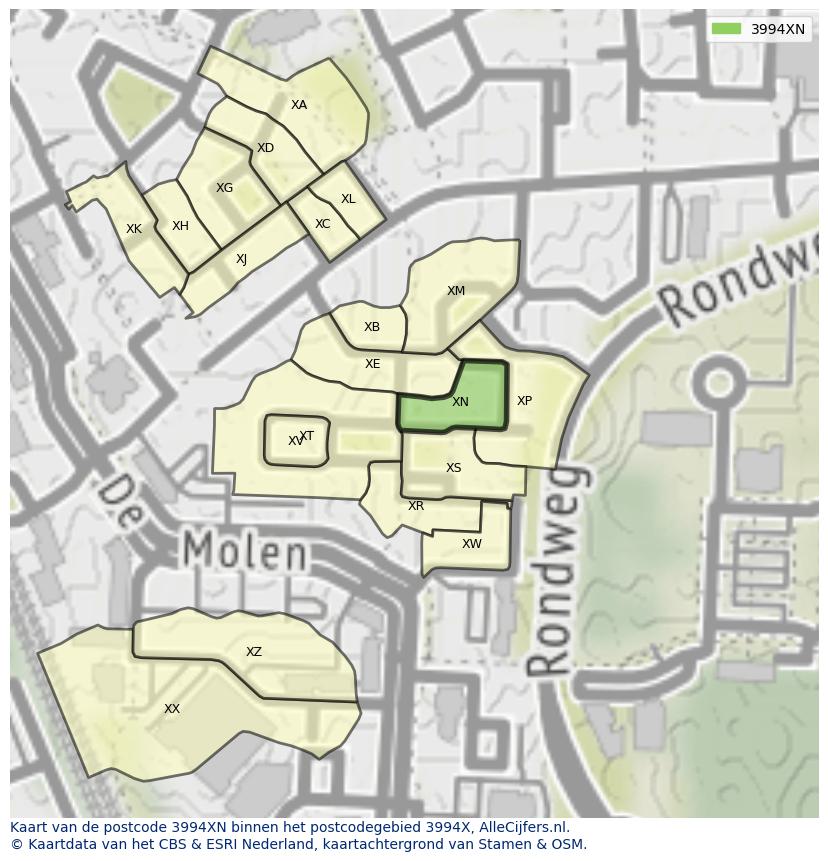 Afbeelding van het postcodegebied 3994 XN op de kaart.