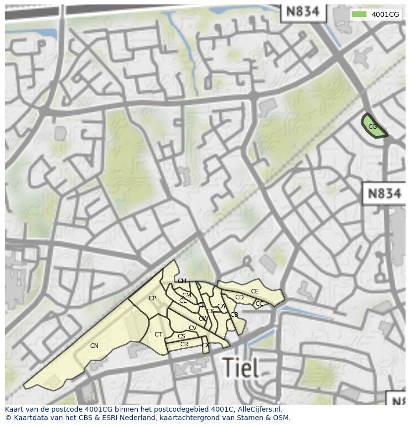 Afbeelding van het postcodegebied 4001 CG op de kaart.