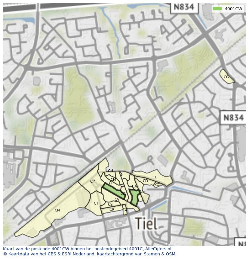 Afbeelding van het postcodegebied 4001 CW op de kaart.