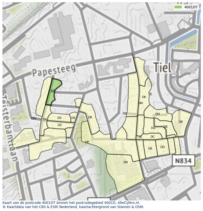 Afbeelding van het postcodegebied 4001 DT op de kaart.