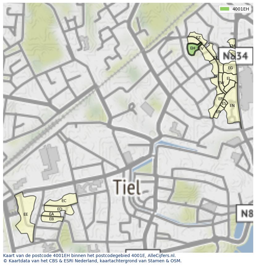 Afbeelding van het postcodegebied 4001 EH op de kaart.