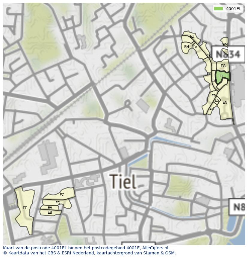 Afbeelding van het postcodegebied 4001 EL op de kaart.