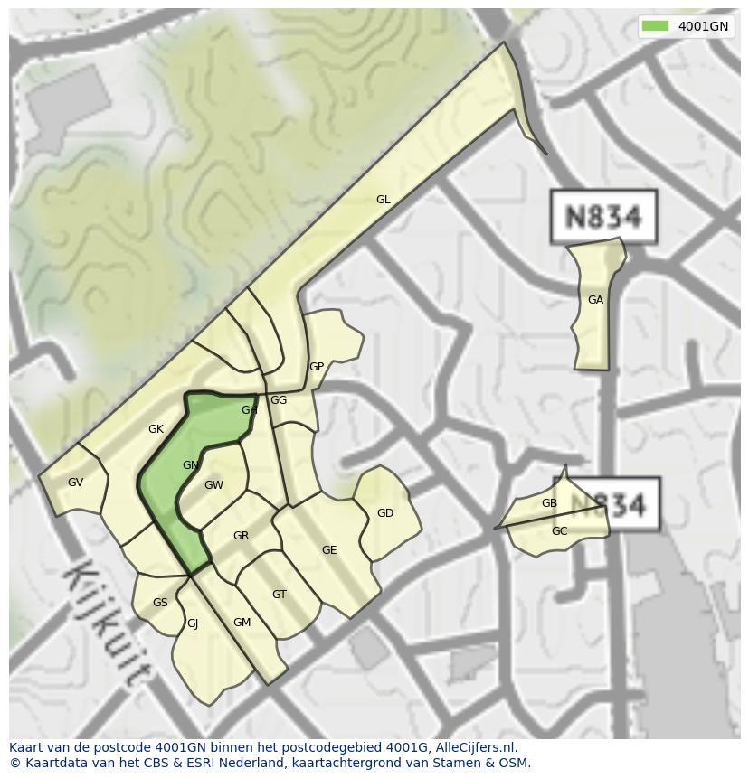 Afbeelding van het postcodegebied 4001 GN op de kaart.