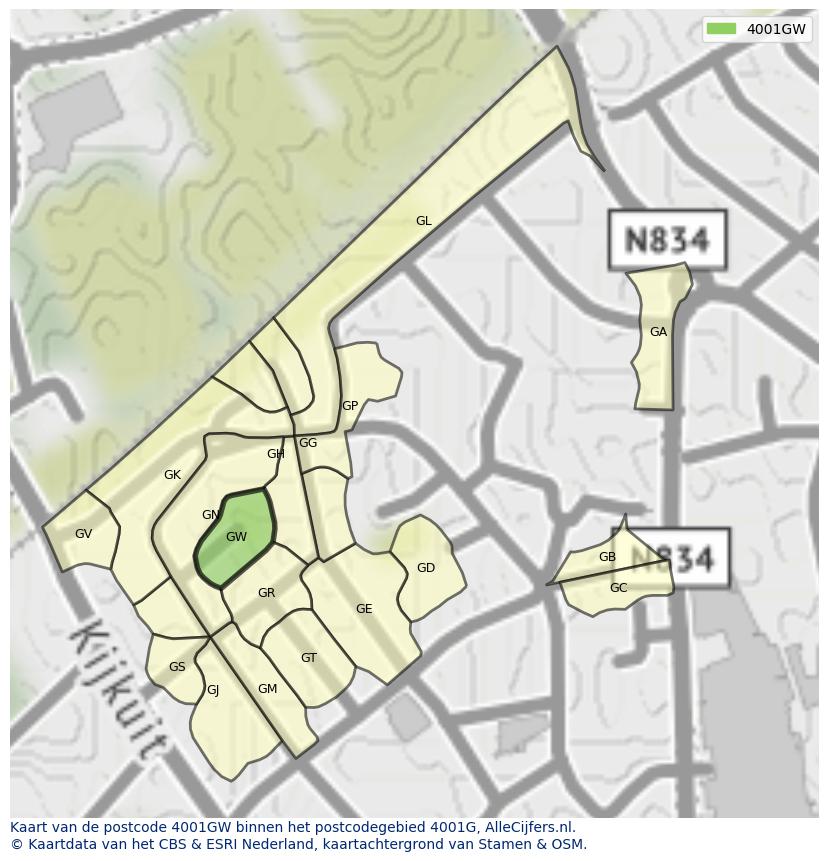Afbeelding van het postcodegebied 4001 GW op de kaart.