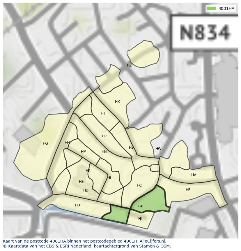 Afbeelding van het postcodegebied 4001 HA op de kaart.