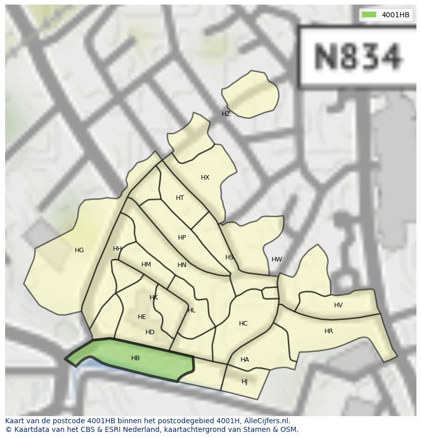 Afbeelding van het postcodegebied 4001 HB op de kaart.