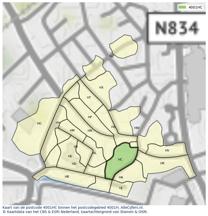 Afbeelding van het postcodegebied 4001 HC op de kaart.
