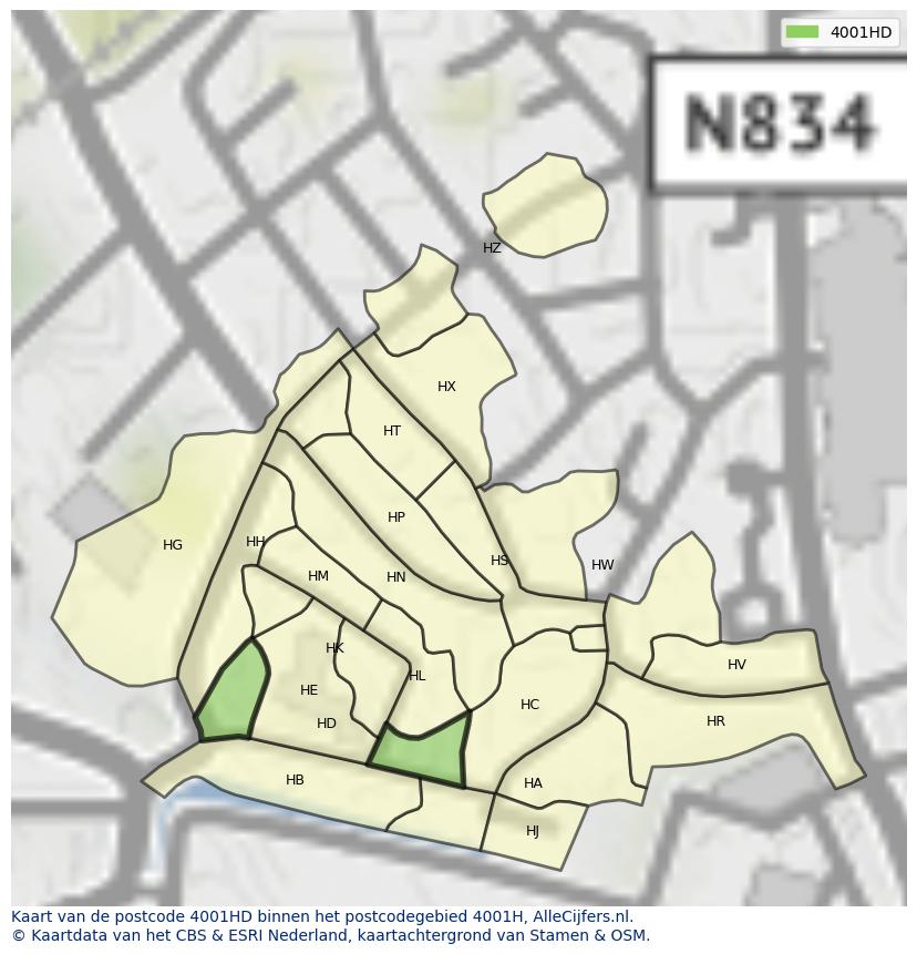 Afbeelding van het postcodegebied 4001 HD op de kaart.