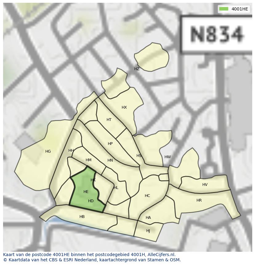 Afbeelding van het postcodegebied 4001 HE op de kaart.