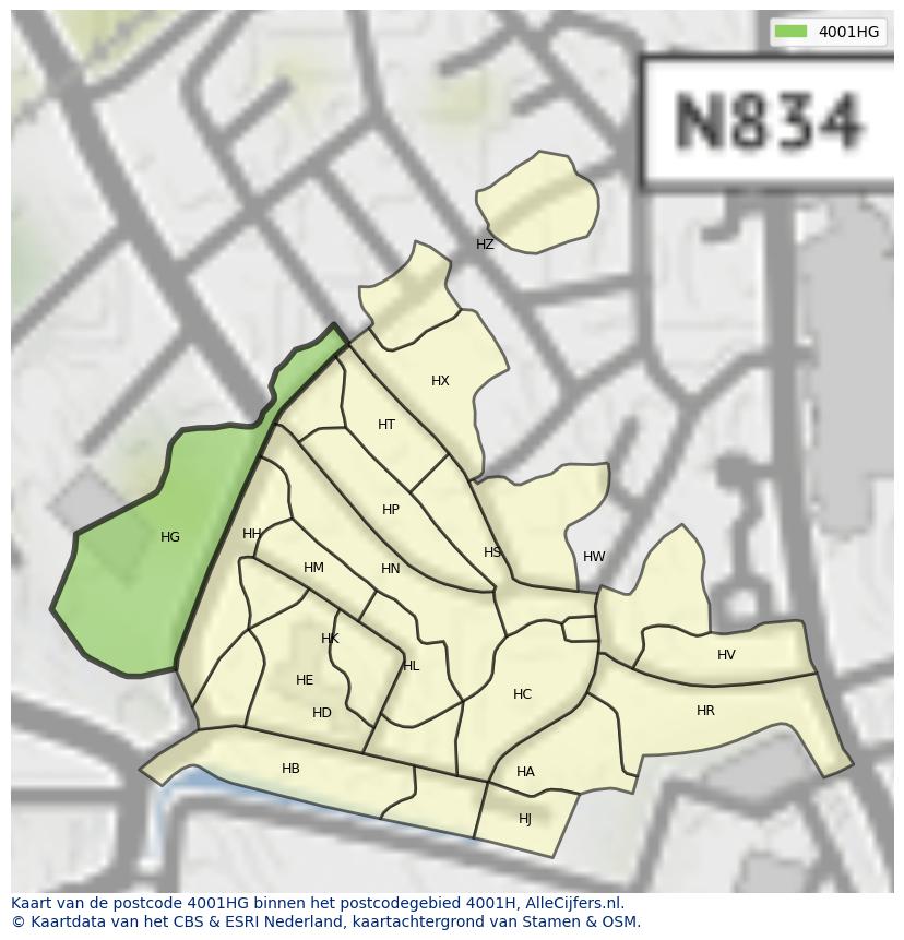 Afbeelding van het postcodegebied 4001 HG op de kaart.