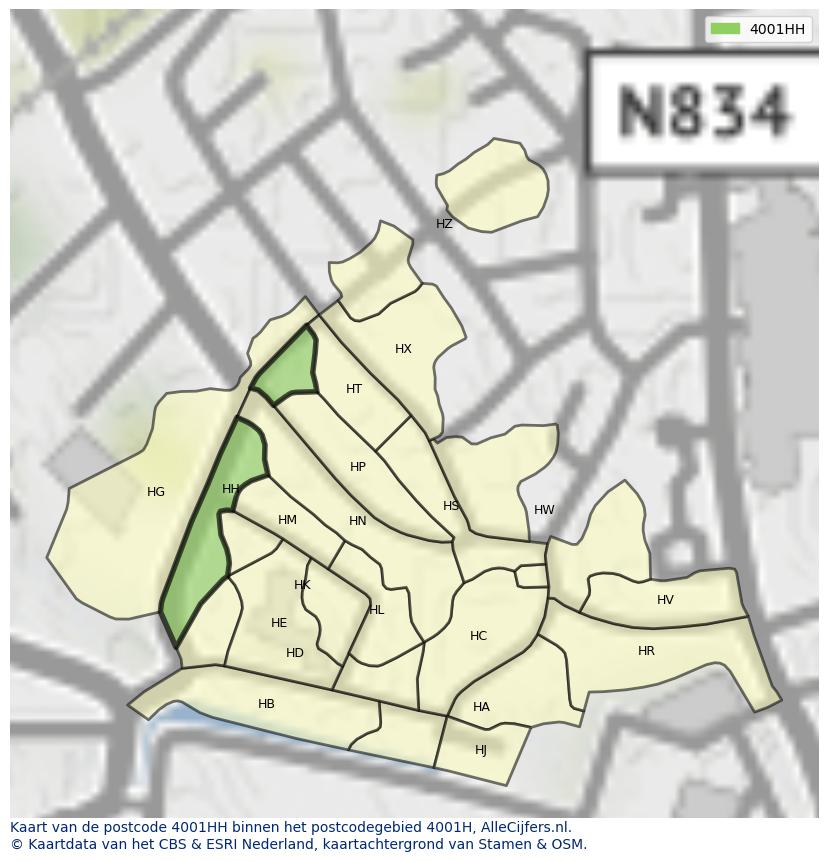 Afbeelding van het postcodegebied 4001 HH op de kaart.