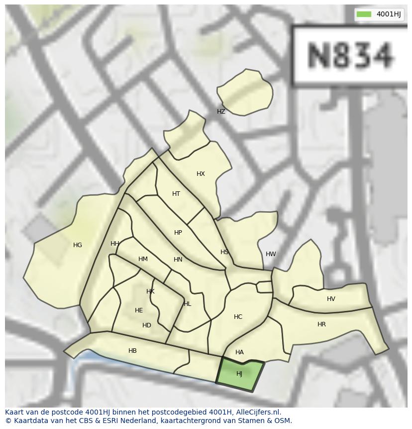 Afbeelding van het postcodegebied 4001 HJ op de kaart.