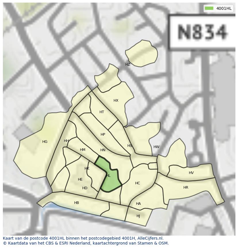 Afbeelding van het postcodegebied 4001 HL op de kaart.
