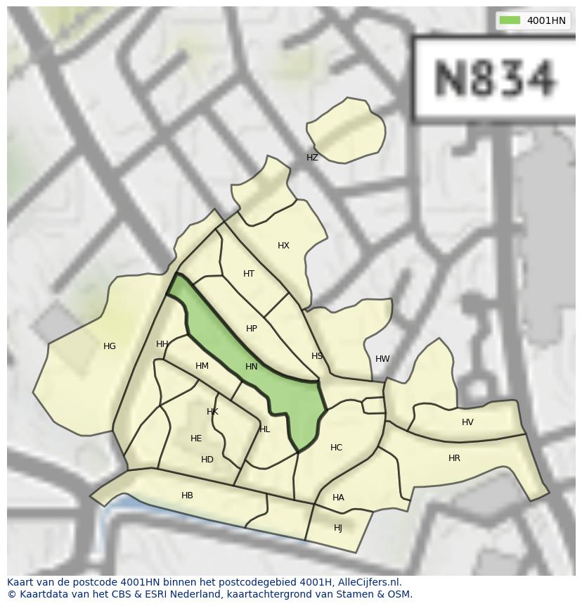 Afbeelding van het postcodegebied 4001 HN op de kaart.