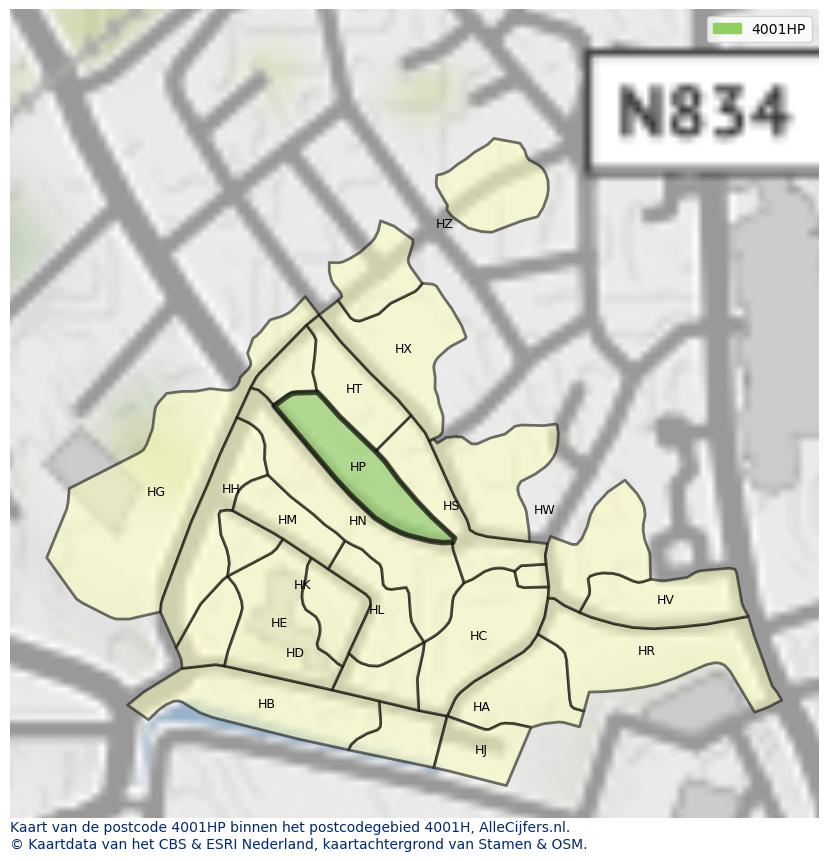 Afbeelding van het postcodegebied 4001 HP op de kaart.