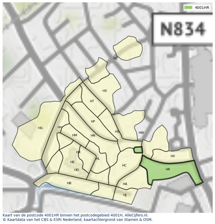 Afbeelding van het postcodegebied 4001 HR op de kaart.