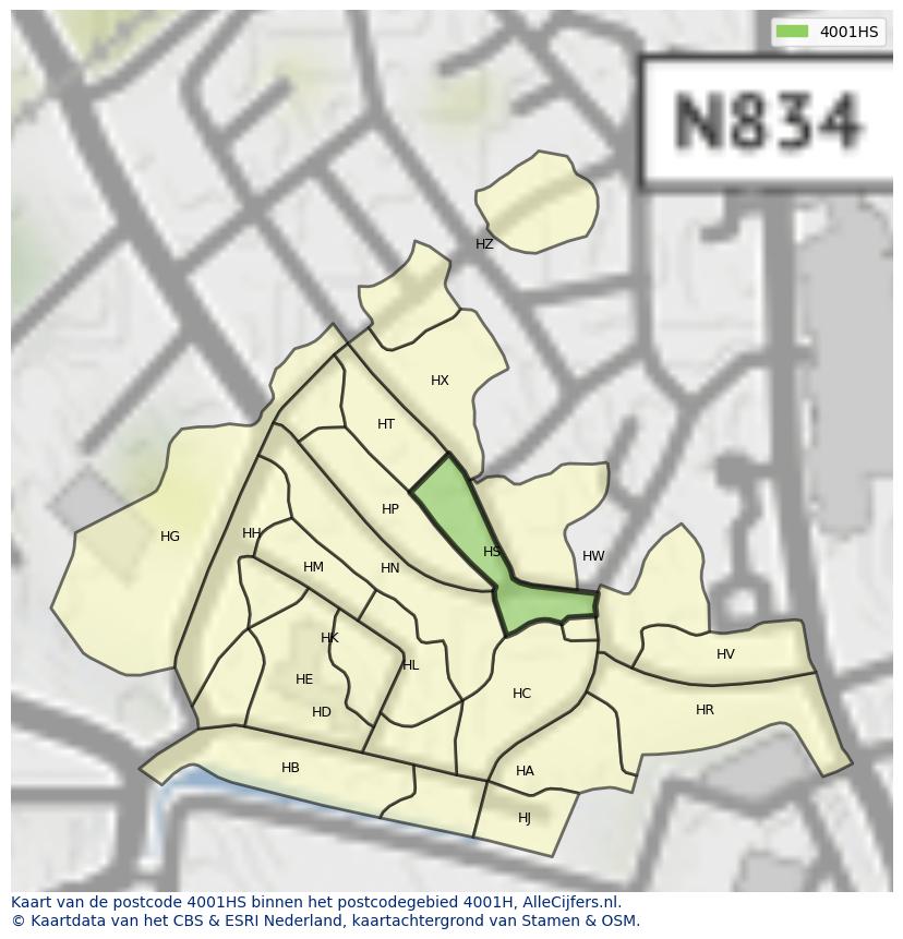 Afbeelding van het postcodegebied 4001 HS op de kaart.