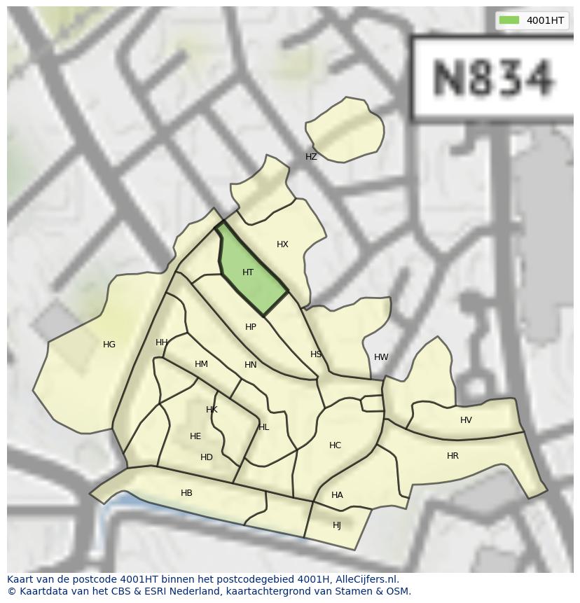 Afbeelding van het postcodegebied 4001 HT op de kaart.