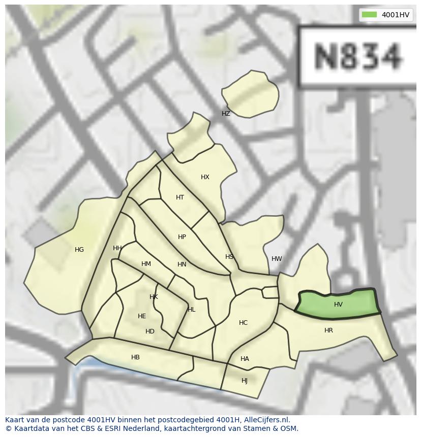 Afbeelding van het postcodegebied 4001 HV op de kaart.
