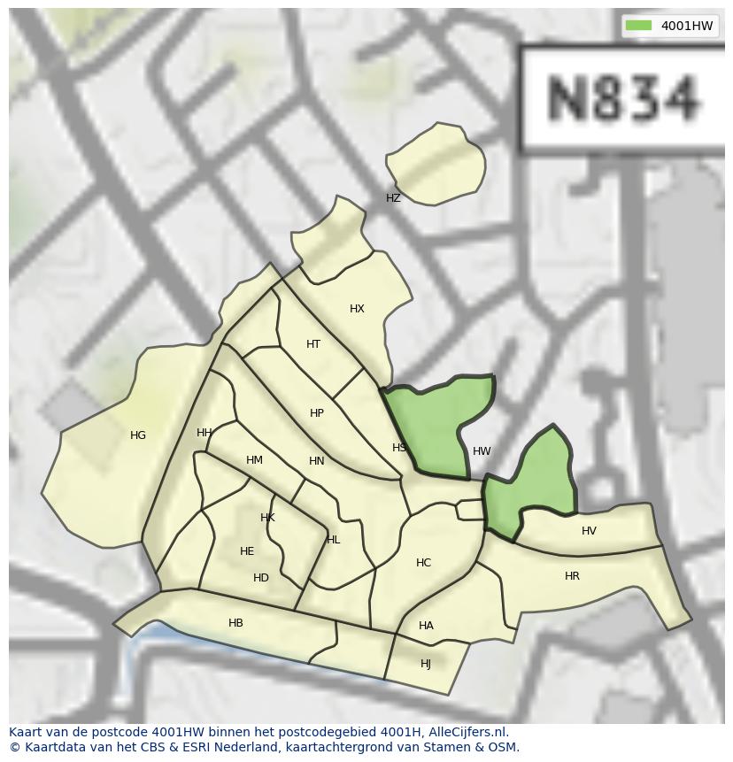Afbeelding van het postcodegebied 4001 HW op de kaart.