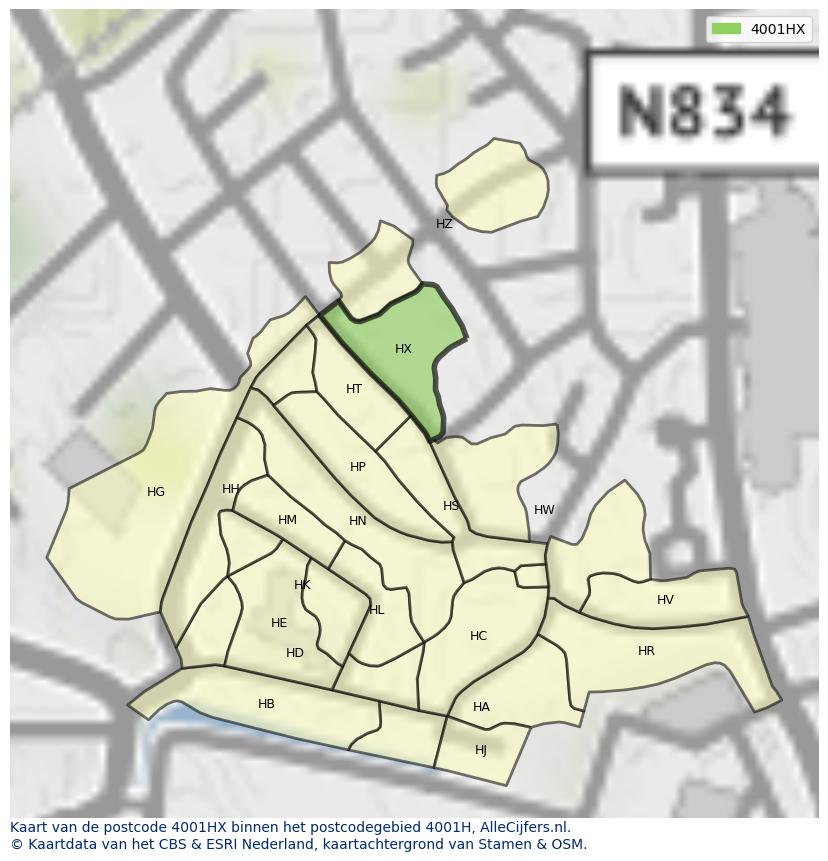 Afbeelding van het postcodegebied 4001 HX op de kaart.