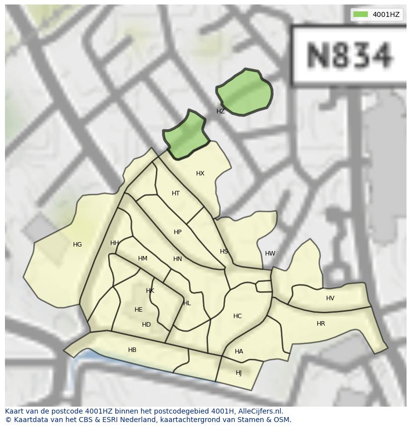 Afbeelding van het postcodegebied 4001 HZ op de kaart.
