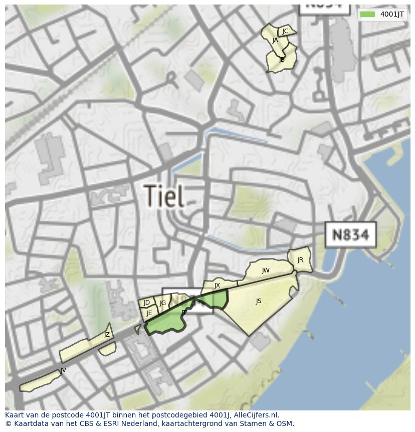 Afbeelding van het postcodegebied 4001 JT op de kaart.
