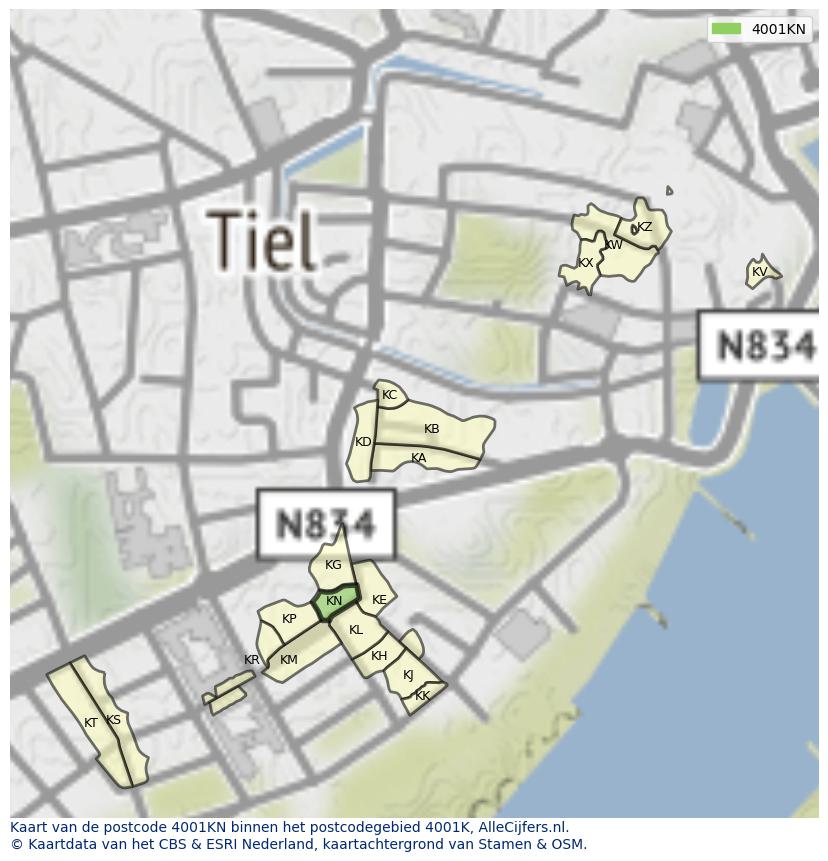 Afbeelding van het postcodegebied 4001 KN op de kaart.
