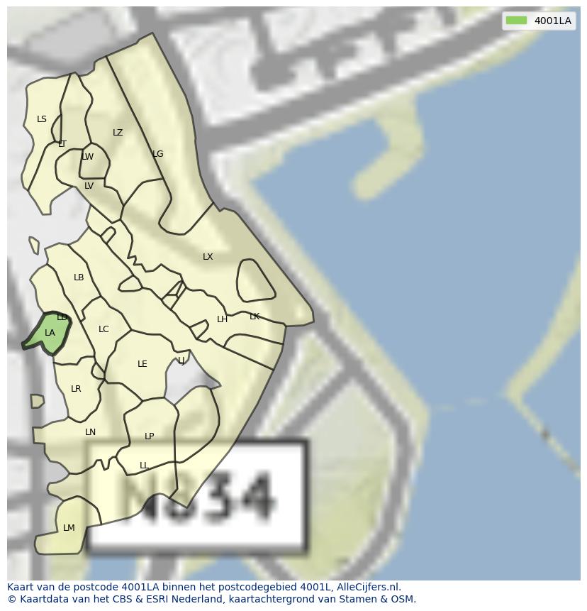 Afbeelding van het postcodegebied 4001 LA op de kaart.