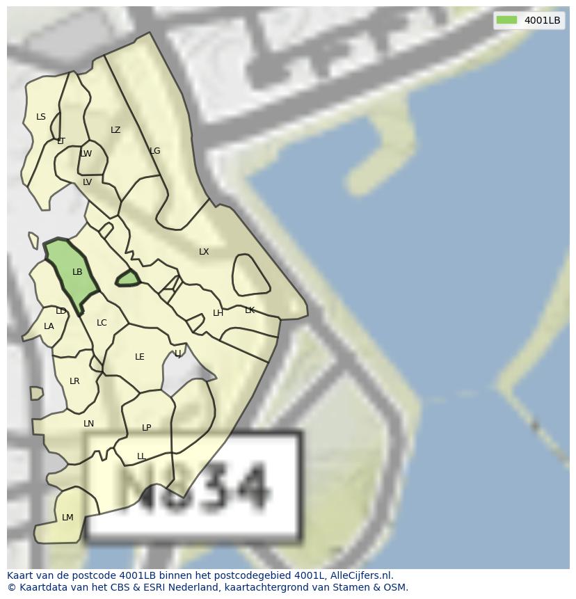 Afbeelding van het postcodegebied 4001 LB op de kaart.