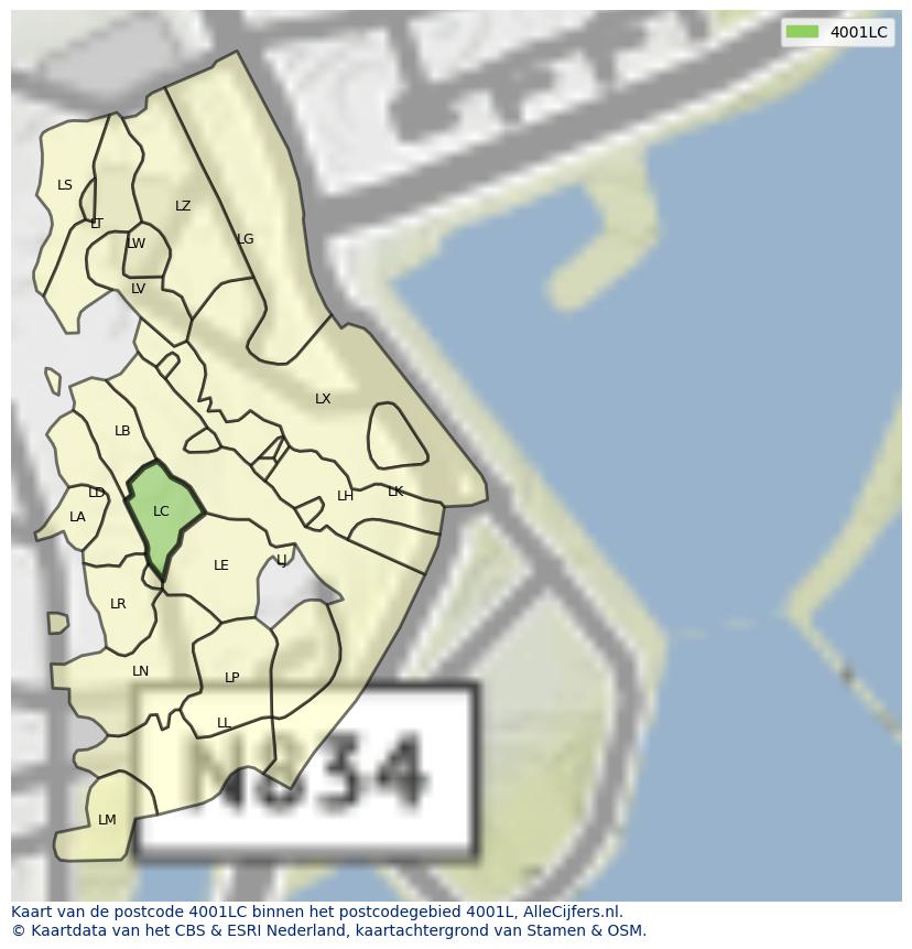 Afbeelding van het postcodegebied 4001 LC op de kaart.