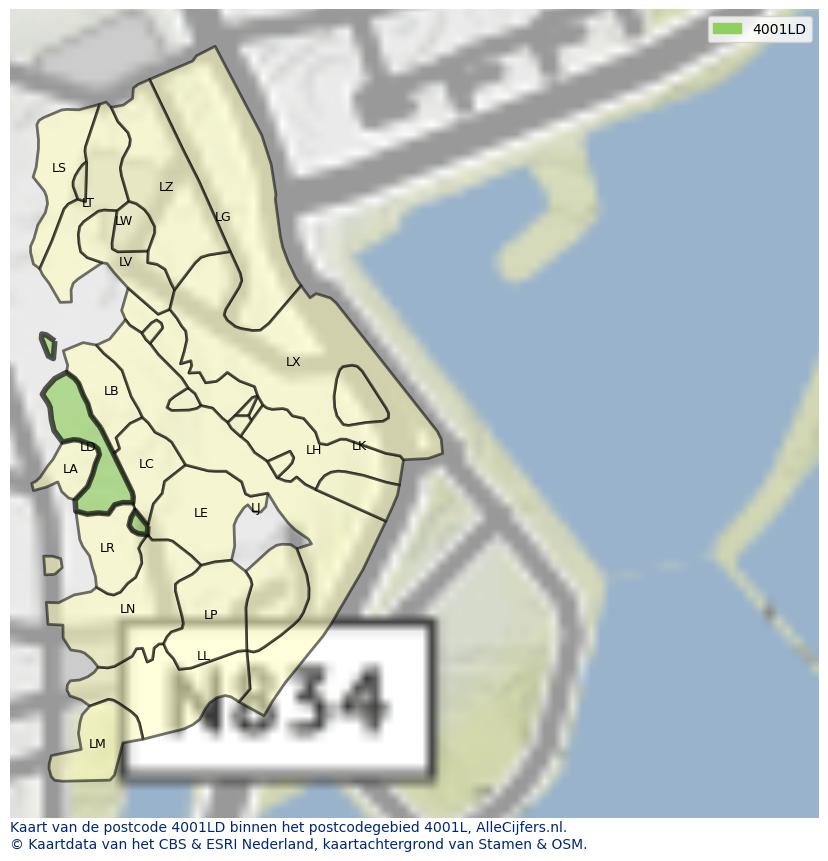 Afbeelding van het postcodegebied 4001 LD op de kaart.