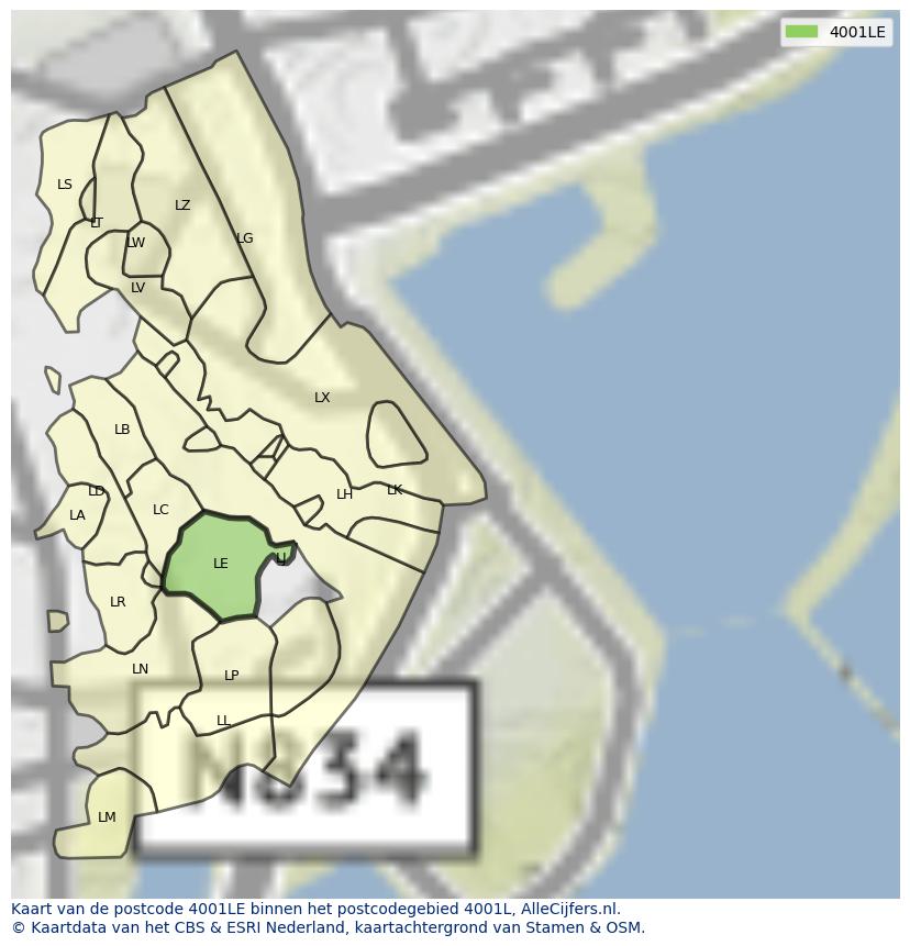 Afbeelding van het postcodegebied 4001 LE op de kaart.