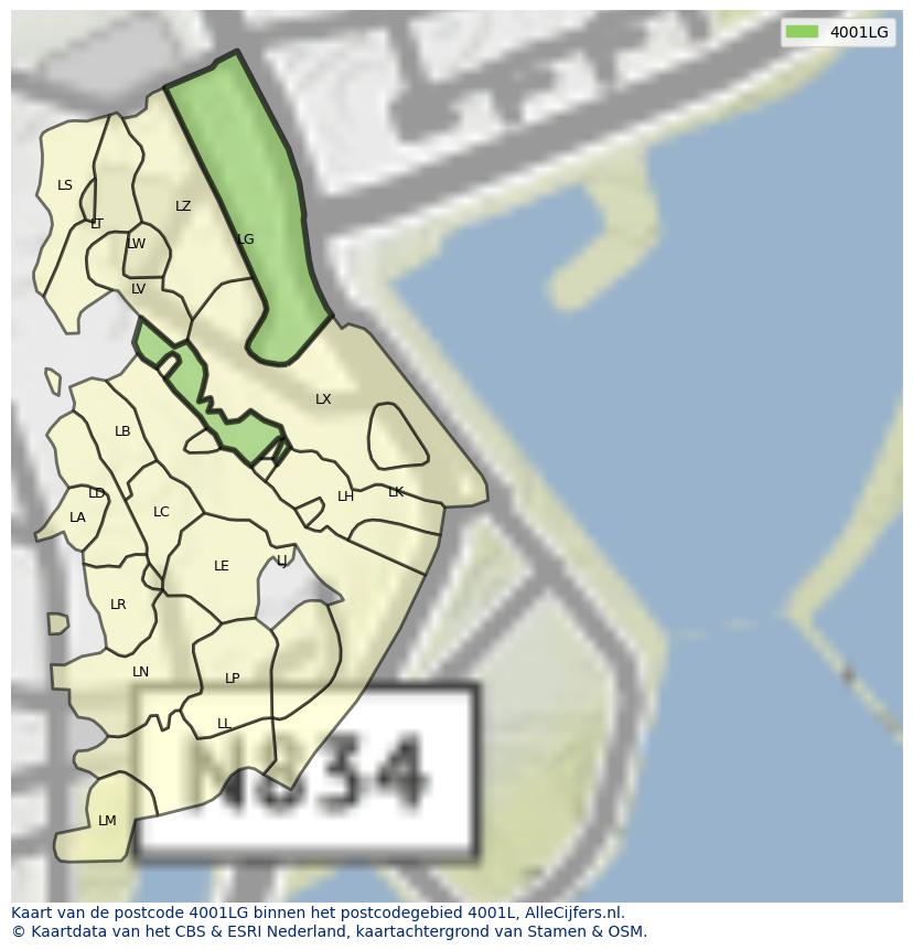 Afbeelding van het postcodegebied 4001 LG op de kaart.