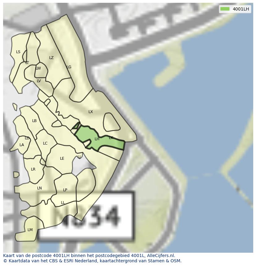 Afbeelding van het postcodegebied 4001 LH op de kaart.