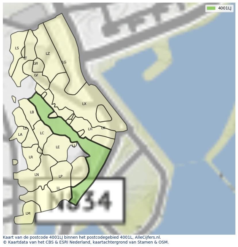 Afbeelding van het postcodegebied 4001 LJ op de kaart.