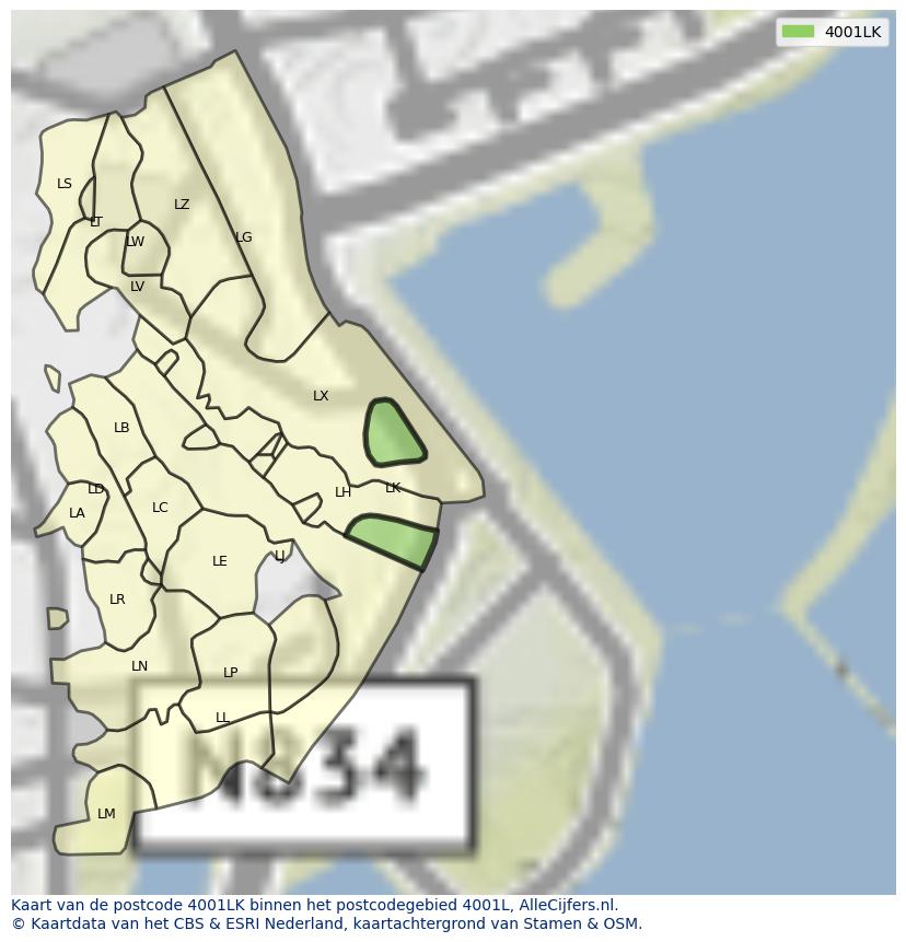 Afbeelding van het postcodegebied 4001 LK op de kaart.