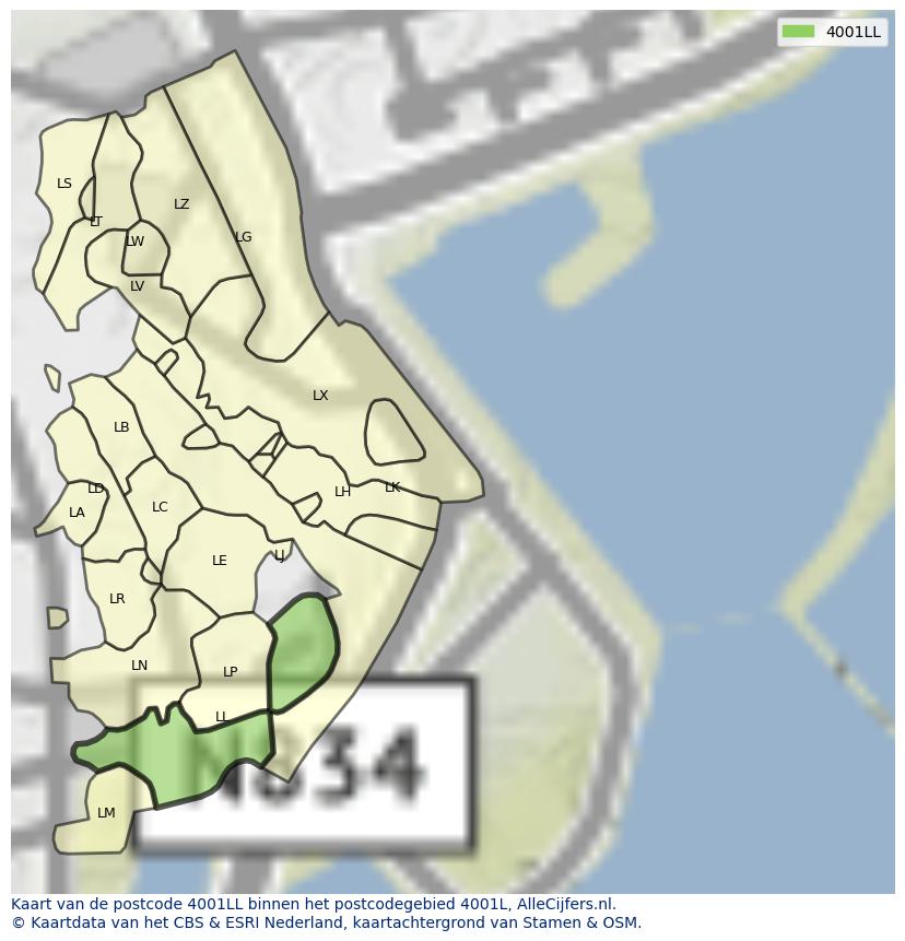 Afbeelding van het postcodegebied 4001 LL op de kaart.