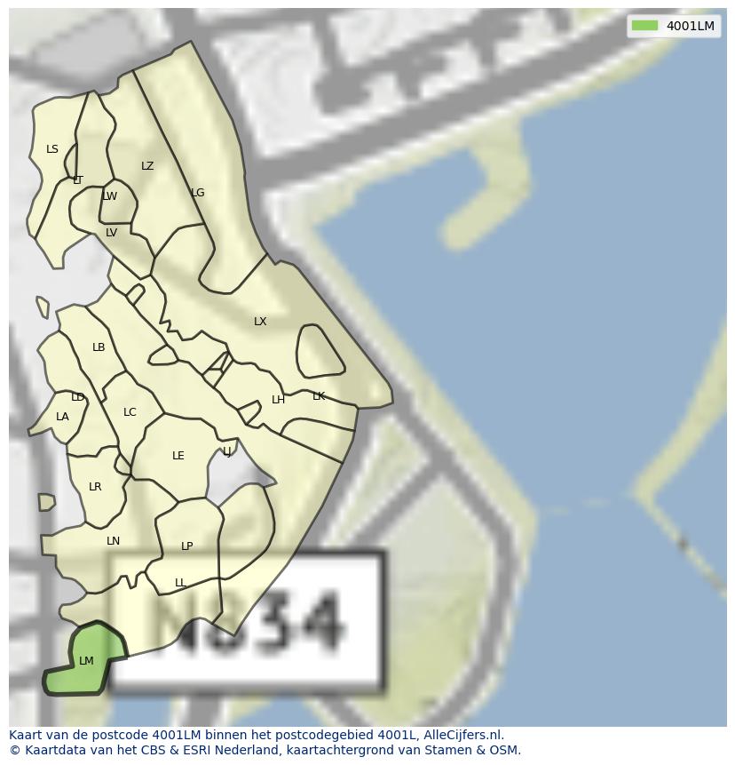 Afbeelding van het postcodegebied 4001 LM op de kaart.