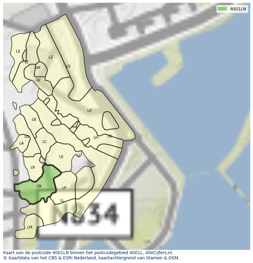 Afbeelding van het postcodegebied 4001 LN op de kaart.