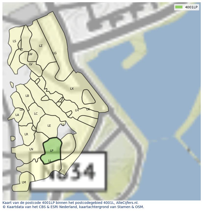 Afbeelding van het postcodegebied 4001 LP op de kaart.